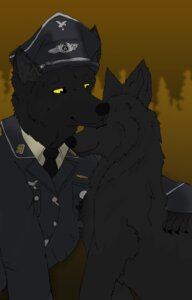 Rating: Safe Score: 0 Tags: ambiguous_gender anthro black_nose canid canine canis clothing duo e621 eyes_closed feral hat headgear headwear mammal nazi romantic romantic_couple shizukaxookami uniform wolf User: bunchy7s