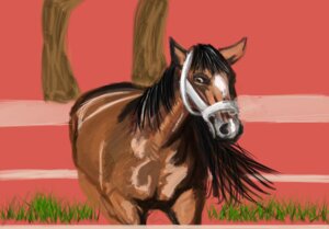 Rating: Safe Score: 0 Tags: ambiguous_gender black_hair brown_body brown_eyes brown_fur detailed_background digital_media_(artwork) e621 equid equine feral fur gdane grass hair halter horse looking_at_viewer mammal plant realistic simple_background solo tree User: bunchy7s