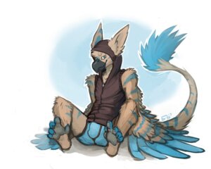 Rating: Questionable Score: 0 Tags: 5:4 5_toes anthro avian barefoot beak biped bird black_beak black_claws black_pawpads blue_body blue_clothing blue_feathers blue_stripes blue_underwear brown_body brown_feathers bulge buyo_(artist) claws clothed clothing e621 feathered_wings feathers feet green_eyes hi_res hood kona_(konaburd) male multicolored_body multicolored_feathers pawpads paws prehensile_feet sitting solo spread_legs spreading stripes tail tail_tuft toe_claws toes topwear tuft two_tone_body two_tone_feathers underwear vest wings User: bunchy7s