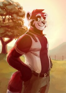 Rating: Safe Score: 0 Tags: ailurid anthro belt biped black_body black_fur charco clothed clothing day e621 fully_clothed fur grass looking_aside looking_at_viewer male mammal orange_eyes outside plant portrait red_body red_fur red_panda shirt side_view slightly_chubby smile solo standing tail three-quarter_portrait topwear tree white_body white_fur User: bunchy7s