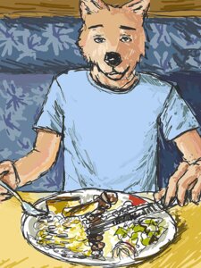 Rating: Safe Score: 0 Tags: anthro biped black_nose canid canine canis clothed clothing colored_sketch cutlery domestic_dog e621 food fork fur holding_object kitchen_utensils knife looking_at_viewer male mammal nouns plate shirt sitting sketch solo t-shirt tan_body tan_fur tools topwear User: bunchy7s