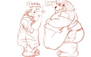 Rating: Safe Score: 0 Tags: 16:10 anthro belly belly_overhang canid canine clothed clothing duo e621 felid galvinwolf heart_symbol lion male mammal midriff obese overweight pantherine tight_clothing torn_clothing widescreen User: bunchy7s