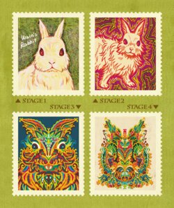 Rating: Safe Score: 0 Tags: 5:6 abstract_art ambiguous_gender blue_eyes colorful_theme directional_arrow e621 english_text feral fur green_background inspired_by_formal_art lagomorph leporid looking_at_viewer louis_wain_(copyright) mammal multiple_images public_domain rabbit red_eyes simple_background solo stamp style_emulation text usamista white_body white_fur User: bunchy7s
