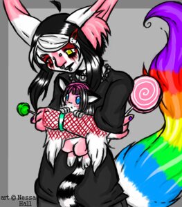 Rating: Safe Score: 0 Tags: alternative_fashion anthro black_hair candy canid canine clothing dessert duo e621 emo_haircut female fishnet_clothing food fox fur glamfur goth hair heterochromia highlights_(coloring) inner_ear_fluff kakumatsurou lock_(kakumatsurou) lollipop low_res mammal multicolored_body multicolored_fur pink_body pink_fur plushie rainbow rainbow_body rainbow_fur shirt size_difference sparklefur tail topwear tuft white_highlights User: bunchy7s