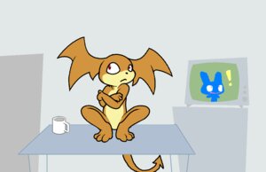 Rating: Safe Score: 0 Tags: 3_toes anthro bandai_namco barefoot beverage big_head biped coffee coffee_mug container crossed_arms crouching cup darkdoomer digimon digimon_(species) e621 electronics feet flat_colors front_view furniture head_wings male membrane_(anatomy) membranous_wings on_table patachu patamon solo spade_tail table tail television toes unusual_wing_placement wings User: bunchy7s