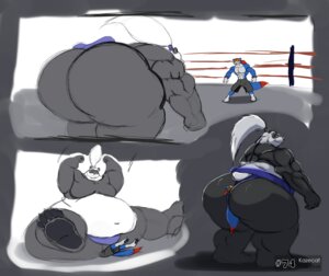 Rating: Questionable Score: 0 Tags: anthro bear butt_crush canid canine digital_media_(artwork) duo e621 fighting_ring fox giant_panda kazecat makuyama_(kazecat) male mammal moobs muscular obese overweight size_difference stuck tail wrestling User: bunchy7s