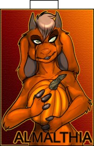 Rating: Questionable Score: 0 Tags: almalthia anthro bovid caprine character_badge_(artwork) e621 female food fruit glamfur goat halloween heterochromia holidays mammal plant pumpkin solo zeriara User: bunchy7s