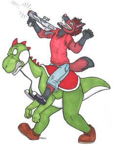 Rating: Safe Score: 0 Tags: anthro arms_bent bent_legs biped canid canine controller dinosaur duo e621 game_controller green_yoshi gun holding_controller holding_game_controller holding_object male mammal mario_bros nintendo nintendo_controller prehistoric_species raised_hand ranged_weapon reptile retro_controller riding rydian scalie simple_background straight_legs super_nintendo super_scope tail unknown_artist weapon white_background yoshi User: bunchy7s