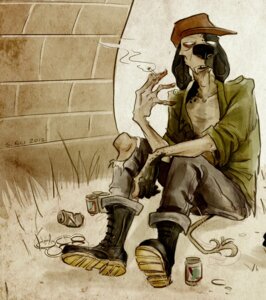 Rating: Safe Score: 0 Tags: 2012 5_fingers anthro baseball_cap biped black_nose boots bottomwear can canid canine canis cheap_thrills cigarette clothed clothing container domestic_dog e621 fingers footwear frank_solomon grass hat headgear headwear hi_res holding_object jacket long_ears male mammal outside pants partially_clothed plant shoes sitting skinny skurvy smoke smoking solo tail topwear torn_clothing white_eyes User: bunchy7s