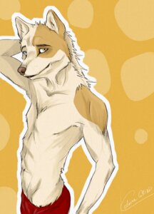 Rating: Questionable Score: 0 Tags: anthro blue_eyes brown_nose canid canine canis clothed clothing domestic_dog e621 fur half-length_portrait hand_behind_head heterochromia kelainawerewolf looking_aside looking_at_viewer male mammal orange_background outline portrait side_view simple_background smile solo spotty_boy tan_body tan_fur topless unknown_artist wolf yellow_eyes User: bunchy7s