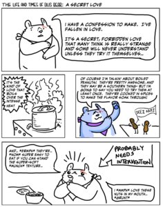 Rating: Safe Score: 0 Tags: bear blue_body blue_fur brown_body comic cooking dialogue e621 eating english_text food fruit fur hi_res legume male mammal monochrome multiple_scenes nut_(fruit) ollis peanut_(food) plant scar solo text User: bunchy7s