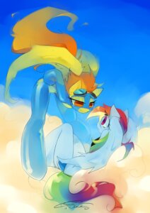 Rating: Safe Score: 0 Tags: 2012 amber_eyes anthro anthrofied blue_body blue_feathers blue_fur bra clothing cloud duo e621 equid equine eyewear feathered_wings feathers female friendship_is_magic fur goggles hair hasbro hi_res iopichio mammal multicolored_hair my_little_pony mythological_creature mythological_equine mythology outside pegasus purple_eyes rainbow_dash_(mlp) rainbow_hair skinsuit spitfire_(mlp) tail tight_clothing two_tone_hair underwear wings wonderbolts_(mlp) User: bunchy7s