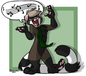 Rating: Safe Score: 0 Tags: 2011 3_toes 4_fingers accessory anthro biped black_body black_fur brown_body brown_fur cel_shading chest_tuft e621 eyes_closed featureless_crotch feet fingers fur greevixor hair leg_markings male markings musical_note musical_symbol necktie open_mouth pink_nose shaded short_hair singing socks_(marking) solo speech_bubble standing stripes symbol tail tan_hair toes tongue toony tuft unknown_species white_body white_fur User: bunchy7s