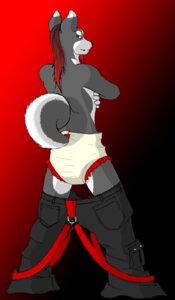 Rating: Questionable Score: 0 Tags: anthro black_bottomwear black_clothing black_pants bondage_pants bottomwear canid canine canis clean_diaper clothed clothing diaper digital_media_(artwork) domestic_dog e621 fur gradient_background grey_body grey_fur hair husky izzyotter long_hair looking_at_viewer male mammal nordic_sled_dog pants phat_pants red_bottomwear red_clothing red_hair red_pants simple_background solo spitz tail wearing_diaper white_body white_diaper white_fur User: bunchy7s