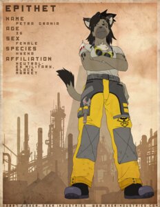 Rating: Safe Score: 0 Tags: 2007 anthro black_hair e621 english_text epithet eyewear female goggles hair hyena j_axer mammal short_hair solo spotted_hyena tail text User: bunchy7s