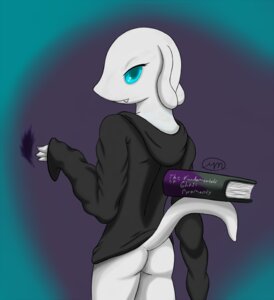 Rating: Questionable Score: 0 Tags: anthro biped blue_eyes book bottomless butt clothed clothing e621 fire hoodie looking_at_viewer male raised_tail renabu solo standing tail topwear unknown_species User: bunchy7s