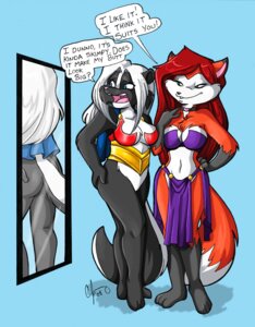 Rating: Questionable Score: 0 Tags: anthro bottomless breasts butt candy_palmer canid canine clothed clothing dialogue duo e621 english_text fanservice_fox female fox heart_symbol looking_at_mirror looking_at_object mammal mephitid mirror pantsless_polecat reflection skimpy skunk speech_bubble tail text User: bunchy7s