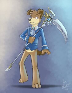 Rating: Safe Score: 0 Tags: 3_toes 4_fingers 7theaven anthro biped black_nose canid canine canis clothing coat domestic_dog double-breasted e621 featureless_crotch feet fingers front_view fur hi_res holding_object holding_weapon housepets! looking_aside male mammal melee_weapon on_one_leg peanut_butter_(housepets!) polearm scythe smile solo standing tail tan_body tan_fur toes topwear weapon User: bunchy7s