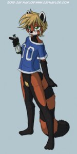 Rating: Questionable Score: 0 Tags: 1:2 2012 ailurid anthro barefoot biped black_body black_fur blonde_hair bottle bottomless clothed clothing competition_number conditional_dnp container digital_media_(artwork) e621 feet female fur green_eyes hair jay_naylor jersey lynne mammal number number_on_clothing number_on_jersey number_on_topwear number_print print_clothing print_jersey print_topwear pubes red_panda shirt simple_background skimpy solo tail topwear white_body white_fur User: bunchy7s