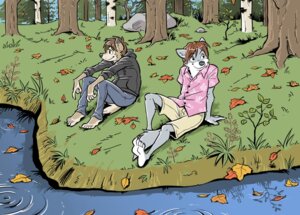 Rating: Safe Score: 0 Tags: analon_(artist) anthro bottomwear brown_hair canid canine canis clothed clothing coyote creek detailed_background duo e621 fenrari fox fully_clothed grass hair hoodie johnny_boy leaf male mammal nature outside pants plant rock shirt short_hair shorts tail topwear tree water wolf wood User: bunchy7s