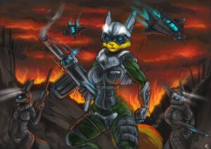 Rating: Safe Score: 0 Tags: 2014 aircraft anthro armor bandai_namco black_sclera blue_eyes boob_armor breasts canid canine clothed clothing cloud debris detailed_background digimon digimon_(species) e621 female fire flashlight fur group holding_object holding_weapon light machine mammal outside overcast power_armor red_sky renamon s-nina sky smoke space_marine standing vehicle weapon yellow_body yellow_fur User: bunchy7s