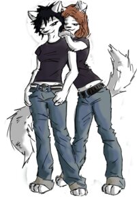 Rating: Safe Score: 0 Tags: anthro baltoperrolobo belt black_hair bottomwear brown_hair canid canine clothed clothing denim denim_bottomwear denim_clothing duo e621 felid female hair jeans mammal pants shirt short_hair simple_background smile standing tail topwear white_background User: bunchy7s