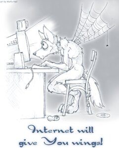 Rating: Safe Score: 0 Tags: 2006 anthro arthropod_webbing canid canine canis computer digitigrade e621 electronics english_text graphite_(artwork) humor male mammal monochrome night nude solo spider_web tail text traditional_media_(artwork) wings wolf wolfy-nail User: bunchy7s