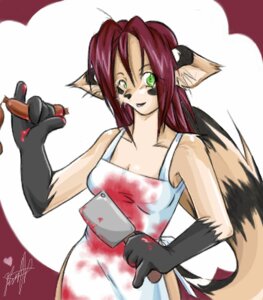 Rating: Questionable Score: 0 Tags: anthro apron apron_only biped black_body black_ears black_fur black_nose black_tail blood blood_on_apron blood_on_clothing bodily_fluids breasts butcher canid canine cleaver_(knife) clothed clothing cutlery e621 female food fur gloves_(marking) green_eyes hair holding_cleaver holding_food holding_meat holding_object holding_sausage kitchen_knife kitchen_utensils knife looking_at_viewer low_res mammal markings meat mostly_nude multicolored_body multicolored_ears multicolored_fur multicolored_tail purple_hair renee_wruck sausage sausage_links simple_background solo standing tail tan_body tan_ears tan_fur tan_tail tools two_tone_body two_tone_ears two_tone_fur two_tone_tail white_apron white_clothing User: bunchy7s