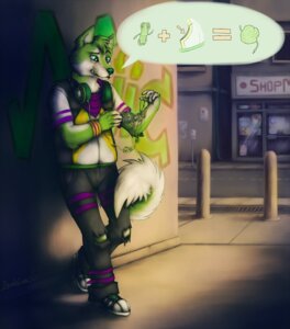 Rating: Safe Score: 0 Tags: absurd_res akita alley anthro canid canine canis clothing domestic_dog e621 electronics entangled headphones hi_res husky kerchief lauralien male mammal niic nordic_sled_dog purple_clothing solo spitz tail worried User: bunchy7s