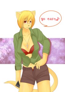 Rating: Safe Score: 0 Tags: abstract_background anthro biped blonde_hair bottomwear breasts button_(fastener) cleavage clothed clothing cross cross_necklace dialogue diva_(artist) domestic_cat e621 english_text eyewear felid feline felis female glasses hair hi_res jewelry looking_at_viewer mammal necklace panties pink_nose pinup pose red_eyes shirt short_hair shorts simple_background solo standing tail talking_to_viewer text tomboy topwear underwear User: bunchy7s