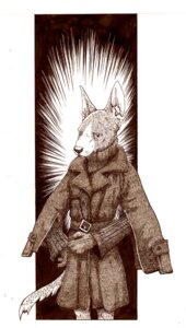 Rating: Safe Score: 0 Tags: 4_fingers anthro belt biped brown_and_white canid canine canis clothed clothing coat cross-hatching domestic_dog e621 fingers front_view fully_clothed fur geppei5959 gloves handwear hatching_(art) inner_ear_fluff looking_at_viewer male mammal monochrome pit_bull shaded solo standing tail topwear tuft User: bunchy7s