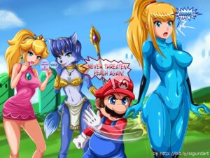 Rating: Questionable Score: 0 Tags: anthro blue_body blue_fur blue_hair canid canine clothed clothing crossover e621 english_text female fox fully_clothed fur group hair hi_res human krystal's_staff krystal_(star_fox) male mammal mario mario_bros melee_weapon metroid nintendo nipple_outline polearm princess princess_peach royalty samus_aran sigurd_von_hosenfeld slap staff star_fox tail text weapon white_body white_fur zero_suit User: bunchy7s