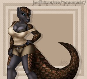 Rating: Safe Score: 0 Tags: anthro blue_eyes bottomwear bra breasts cleavage clothed clothing e621 female jackalope_(artist) mammal nails off_shoulder pangolin scales shirt shorts solo tank_top topwear underwear User: bunchy7s
