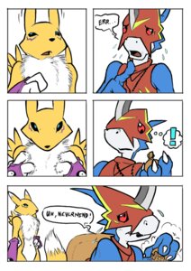 Rating: Questionable Score: 0 Tags: anthro apron armor armwear bandai_namco black_sclera blue_body blue_eyes blue_skin bodily_fluids bridal_gauntlets canid canine chest_tuft clothing comic digimon digimon_(species) dipstick_tail duo e621 female flamedramon fur gadonstriom gift horn jewelry male mammal markings nanogrrr necklace paws purse_necklace red_eyes renamon scalie simple_background standing sweat tail tail_markings tuft white_background white_body white_fur yellow_body yellow_fur yin_yang User: bunchy7s