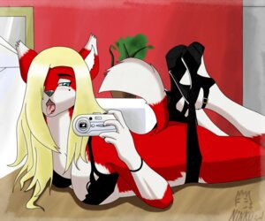 Rating: Questionable Score: 0 Tags: anthro big_breasts blonde_hair breasts camera canid canine dipstick_tail e621 female fox fur green_eyes hair holding_camera holding_object looking_at_viewer lying mammal markings mirror mirror_selfie nnecgrau on_front open_mouth selfie solo tail tail_markings User: bunchy7s