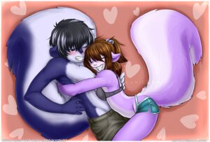 Rating: Questionable Score: 0 Tags: 2010 anthro blue_body blue_fur blush bra clothed clothing daww digital_drawing_(artwork) digital_media_(artwork) duo e621 eyes_closed female fujiro fur hug kayiko kayiko_(character) male male/female mammal mephitid purple_body purple_fur skunk tail topless underwear User: bunchy7s