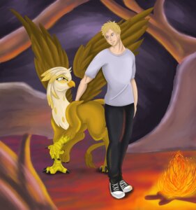 Rating: Safe Score: 0 Tags: 2013 absurd_res amber_eyes avian beak blonde_hair duo e621 eye_contact fan_character feathered_wings feathers female feral fire gryphon hair hasbro hi_res human looking_at_another male mammal my_little_pony mythological_avian mythological_creature mythology outside peter_collins shinonigga smile sveti_windwhisper tail wings User: bunchy7s