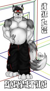 Rating: Safe Score: 0 Tags: 4_toes 5_fingers anthro belly biped black_hair bottomwear canid canine canis cargo_pants character_name clothed clothing dipstick_ears e621 ear_markings ear_piercing eyewear eyewear_on_head feet fingers front_view fur goggles goggles_on_head grey_body grey_fur hair hand_in_pocket hi_res holding_object holding_tool hunterramirez jale_switfpaw jewelry looking_at_viewer male mammal markings multicolored_ears muscular muscular_anthro muscular_male necklace pants piercing pockets short_hair smile solo standing tail text toes tools topless wolf wrench yellow_eyes User: bunchy7s