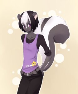 Rating: Safe Score: 0 Tags: anthro axel_(nataly-b) belt bottomwear clothing e621 femboy hair hand_on_butt hi_res male mammal mephitid multicolored_hair nedoiko pants purple_eyes shirt skunk solo tail tank_top topwear User: bunchy7s