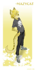 Rating: Safe Score: 0 Tags: alternative_fashion anthro ayato biped blonde_hair blue_eyes bottomwear clothed clothing domestic_cat e621 felid feline felis footwear fur hair hand_on_hip long_tail looking_at_viewer male mammal maza_rau pants punk shirt shoes simple_background smile solo standing tail topwear white_background yellow_background yellow_body yellow_fur User: bunchy7s