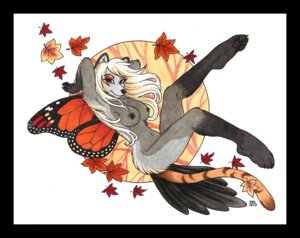 Rating: Questionable Score: 0 Tags: 2013 anthro black_body black_border black_fur blonde_hair border breasts brown_eyes circle e621 female fur grey_body grey_fur hair insect_wings looking_at_viewer luthien_nightwolf nipples nude smile solo traditional_media_(artwork) unknown_species wings User: bunchy7s