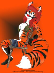 Rating: Explicit Score: 0 Tags: anthro ball_gag bdsm bondage bondofox_(artist) bound canid canine e621 female fox gag gagged mammal orange_background orange_theme red_fox simple_background solo submissive submissive_female tail true_fox vixina User: bunchy7s