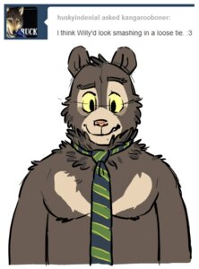 Rating: Safe Score: 0 Tags: accessory anthro artdecade bear clothed clothing e621 english_text looking_at_viewer male mammal necktie sloth_bear solo text topless tumblr ursine willy_(artdecade) User: bunchy7s