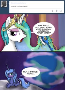 Rating: Safe Score: 0 Tags: 2013 angry blue_body blue_feathers blue_fur blue_hair blush comic cutie_mark dialogue duo e621 earth english_text equid equine eyeshadow feathered_wings feathers female feral friendship_is_magic fur hair hasbro horn looking_at_viewer loopend makeup mammal moon my_little_pony mythological_creature mythological_equine mythology on_the_moon planet plant princess_celestia_(mlp) princess_luna_(mlp) purple_eyes space text tumblr unicorn wet winged_unicorn wings User: bunchy7s