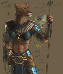 Rating: Safe Score: 0 Tags: 2005 5_fingers abs accessory ankh anthro armor biped breasts brown_background brown_body brown_fur clothed clothing color_swatch decorative_scarab deity e621 egyptian egyptian_clothing english_text f_kelly felid female fingers fur jewelry lion mammal melee_weapon midriff model_sheet necklace pantherine polearm simple_background solo standing text usekh weapon User: bunchy7s
