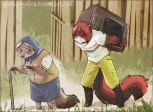 Rating: Safe Score: 0 Tags: angry anthro boots bottomwear cane canid canine clothed clothing collar digital_media_(artwork) duo e621 electronics female fence footwear fox grass hair holding_object hunched_over iskra male mammal outside pants path plant procyonid raccoon red_hair shaded shirt shoes skirt spiked_collar spikes tail television topwear tree walking watermark wood User: bunchy7s