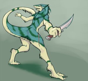 Rating: Questionable Score: 0 Tags: anthro biped e621 female holding_object holding_weapon iggi knife mammal scar sergal simple_background solo standing tail weapon User: bunchy7s