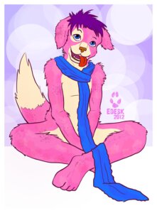 Rating: Safe Score: 0 Tags: anthro biped blue_eyes brown_nose canid canine canis countershading crossed_legs digital_media_(artwork) dipstick_tail domestic_dog e621 edesk full-length_portrait fur hair looking_at_viewer male mammal markings mostly_nude pink_body pink_fur portrait purple_hair scarf sitting solo tail tail_markings tongue tongue_out User: bunchy7s