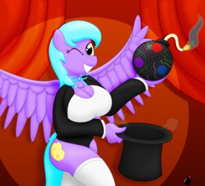 Rating: Questionable Score: 0 Tags: absurd_res anthro big_breasts blue_hair bomb breasts chest_tuft cleavage clothed clothing curtains cutie_mark e621 equid equine explosives fan_character feathered_wings feathers female fur hair hasbro hat headgear headwear hi_res holding_clothing holding_hat holding_headgear holding_headwear holding_object long_hair magic mammal my_little_pony mythological_creature mythological_equine mythology one_eye_closed pegasus ponyboom purple_body purple_fur smile solo spotlight teeth top_hat tuft wings wink yellow_eyes User: bunchy7s