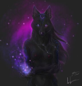 Rating: Questionable Score: 0 Tags: anthro bagheera black_body black_fur breasts canid canine canis dark e621 female fur hair hi_res long_hair looking_at_viewer magic mammal nipples nude purple_eyes solo star wolf User: bunchy7s